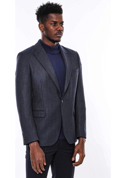 Kendinden Desenli Lacivert Slim Fit Ceket indirimleri