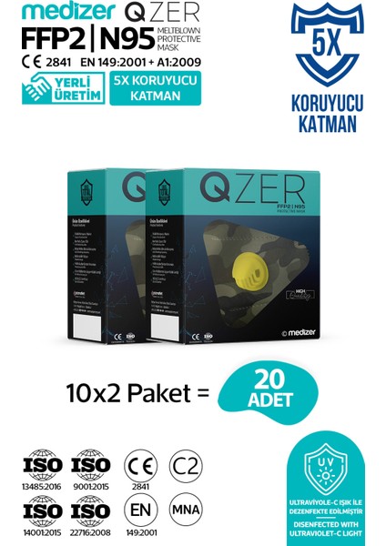 Qzer Yeşil Kamuflaj Desenli 5 Katlı Ventilli Ffp2 Nr N95 Maske