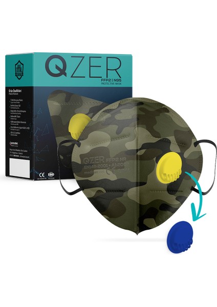 Qzer Yeşil Kamuflaj Desenli 5 Katlı Ventilli Ffp2 Nr N95 Maske
