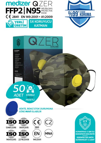 Qzer Yeşil Kamuflaj Desenli 5 Katlı Ventilli Ffp2 Nr N95 Maske