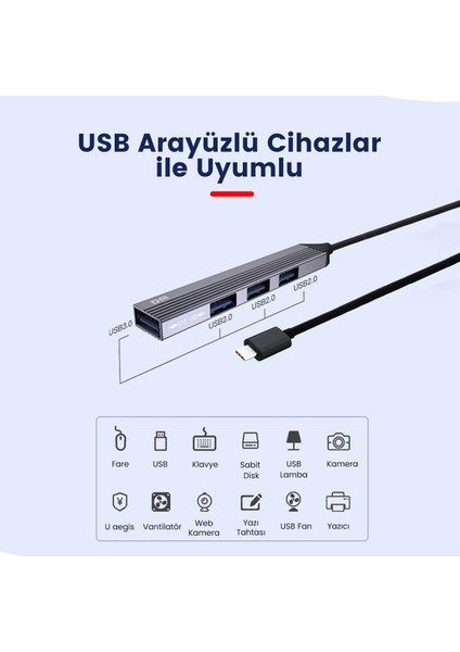 Dm CHB057 USB Type-C To 4 Portlu 3*usb 2.0 1*usb 3.0 Hub Çoklayıcı 15 cm