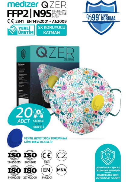 Qzer Bahar Çiçekleri Desenli 5 Katlı Ventilli Ffp2 Nr N95 Maske