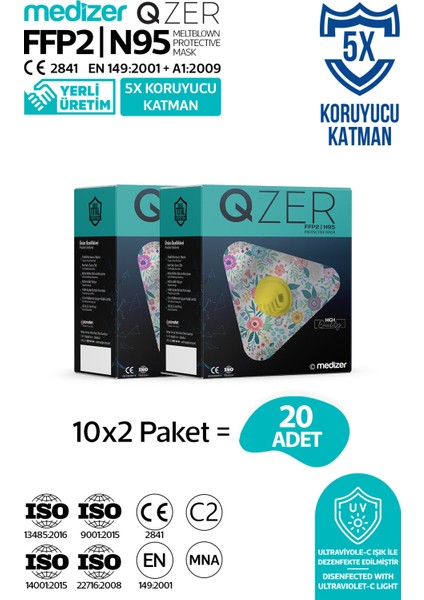 Qzer Bahar Çiçekleri Desenli 5 Katlı Ventilli Ffp2 Nr N95 Maske