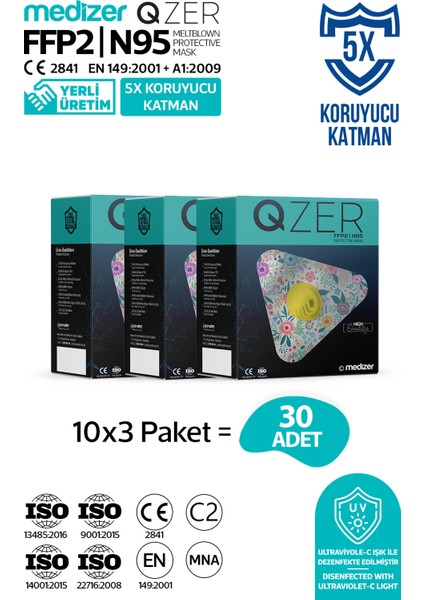 Qzer Bahar Çiçekleri Desenli 5 Katlı Ventilli Ffp2 Nr N95 Maske