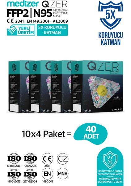 Qzer Bahar Çiçekleri Desenli 5 Katlı Ventilli Ffp2 Nr N95 Maske