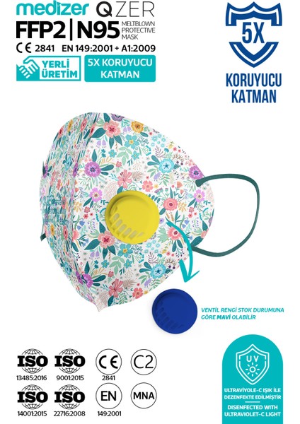 Qzer Bahar Çiçekleri Desenli 5 Katlı Ventilli Ffp2 Nr N95 Maske