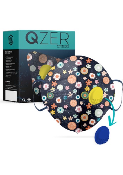 Qzer Lacivert Çiçek Desenli 5 Katlı Ventilli Ffp2 Nr N95 Maske
