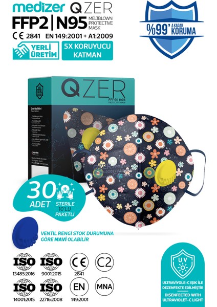 Qzer Lacivert Çiçek Desenli 5 Katlı Ventilli Ffp2 Nr N95 Maske