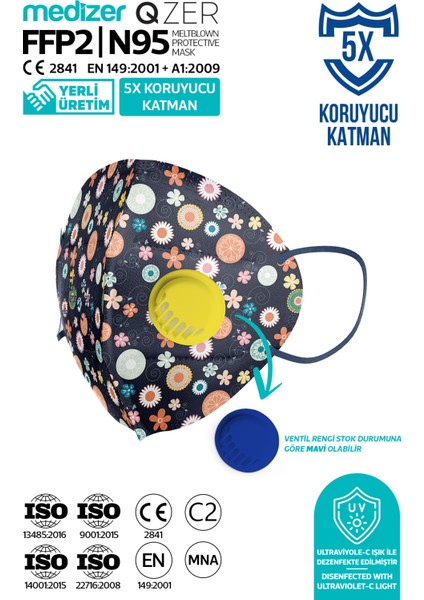 Qzer Lacivert Çiçek Desenli 5 Katlı Ventilli Ffp2 Nr N95 Maske