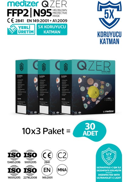 Qzer Lacivert Çiçek Desenli 5 Katlı Ventilli Ffp2 Nr N95 Maske
