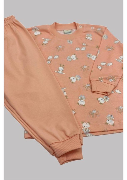 Mojo Kız Bebek Ayı ve Tavşan Desenli Pijama Takımı 2418 Somon