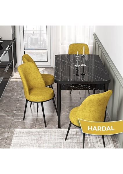 Concept Via Serisi Siyah Mermer Desen 80X132 Açılabilir Mutfak Masası Takımı 4 Adet Sandalye