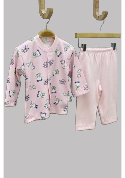 Mojo Kız Bebek Tavşan ve Ayı Desenli Çıtçıtlı Pijama Takımı 2329 Pembe