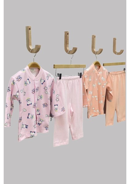 Mojo Kız Bebek Tavşan ve Ayı Desenli Çıtçıtlı Pijama Takımı 2329 Pembe