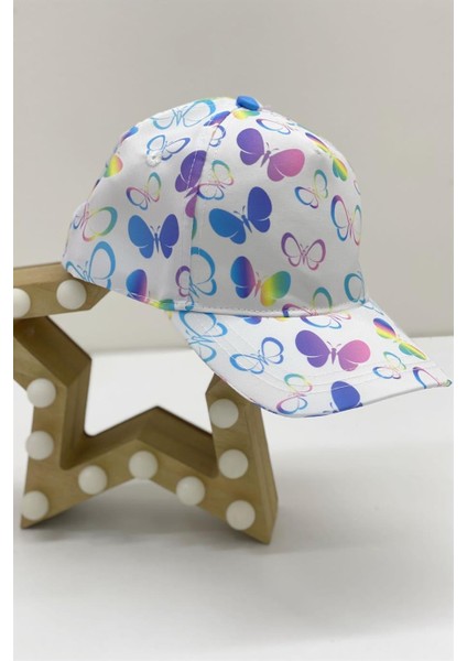 Kız Çocuk Kelebek Desenli Kasket Şapka Y2324003 Beyaz