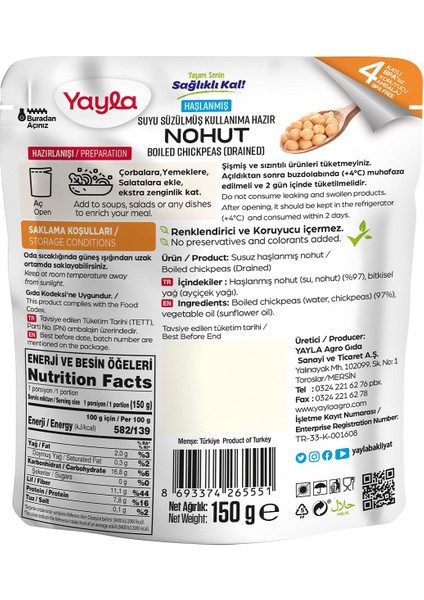 Haşlanmış Suyu Süzülmüş Nohut 150 g