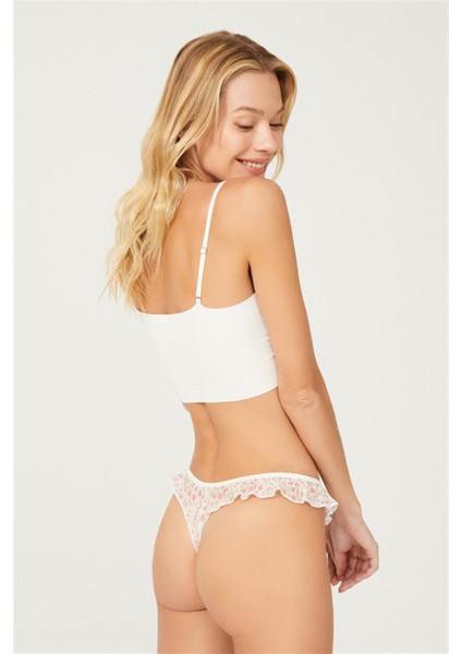 Krem Çiçek Desenli Tül Kenarları Fırfırlı Tanga Külot fiyatları