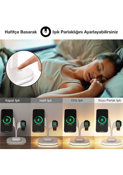 Super Şarj  5in1 Masaüstü Şarj Standı ve Gece Lambası Apple iPhone 12 13 14 Pro Max Şarj Standı LED Işıklı