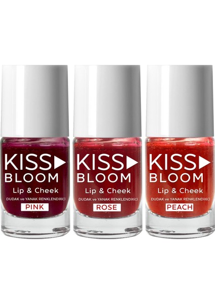 Kiss & Bloom Dudak ve Yanak Renklendirici Likit 3'lü Peach Renk Paketi Kalıcı Etki