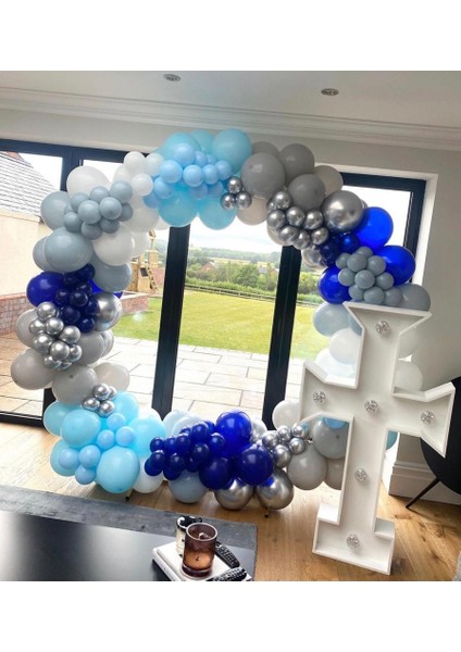 Krom Gümüş Makaron Mavi Pastel Lacivert ve Gri Balon Zinciri 100 Adet