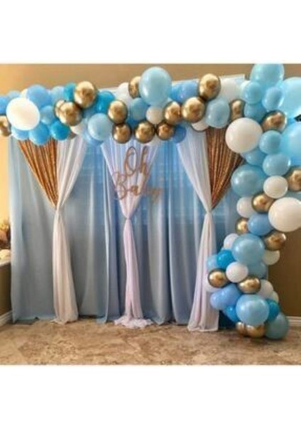100 Adet Mavi Beyaz Metalik Gold Krom Balon ve Balon Zinciri Konsept Parti