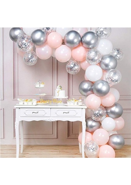 100 Adet Soft Pembe Gümüş Zincir Balon Seti 5 Metre