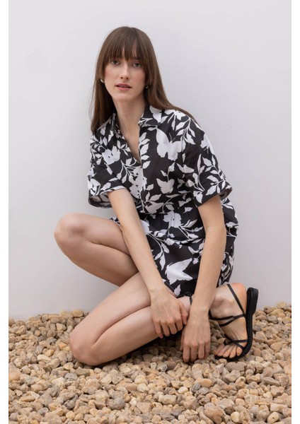 Gömlek Yaka Desenli Terry Cotton Mini Kısa Kollu Elbise