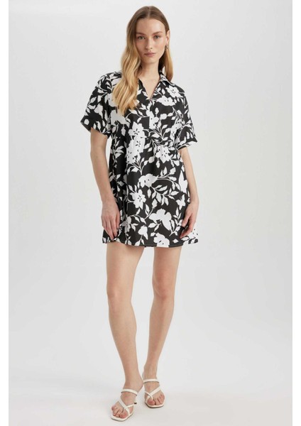 Gömlek Yaka Desenli Terry Cotton Mini Kısa Kollu Elbise