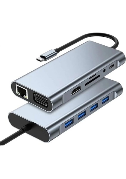 Macbook Pro Air Type-C Çevirici Dönüştürücü Çoklayıcı Pd Şarj Hdmı Sd Network VGA Girişli 11 In 1