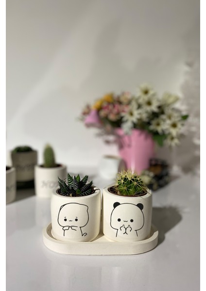 Tabaklı Şirin El Çizimi Dekoratif Kalemlik ve Ya Saksı Seti (Çiçeksiz)