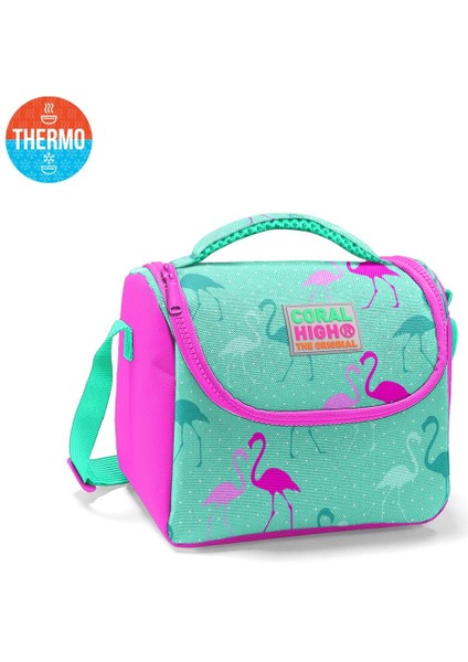 Kids Su Yeşili Neon Pembe Flamingo Desenli Thermo Beslenme Çantası