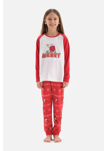 Kırmızı Bisiklet Yaka Reglan Kol Snoopy Baskılı Lisans Pijama Takımı