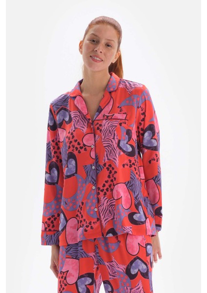 Nar Çiçeği Gömlek Yaka Desenli Uzun Kollu Dokuma Üst