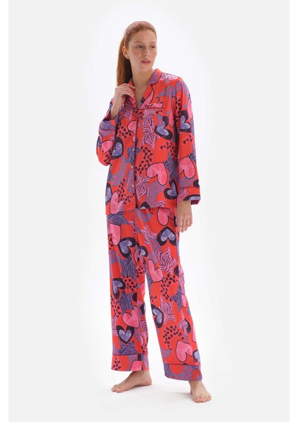 Nar Çiçeği Gömlek Yaka Desenli Uzun Kollu Dokuma Üst indirimleri