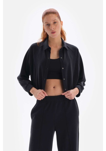 Siyah Kadın Ceket Düğmeli Cupro