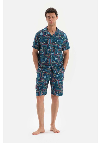 Lacivert Gömlek Yaka Metraj Baskılı Dokuma Pijama Takımı
