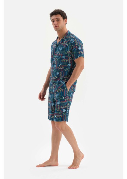 Lacivert Gömlek Yaka Metraj Baskılı Dokuma Pijama Takımı