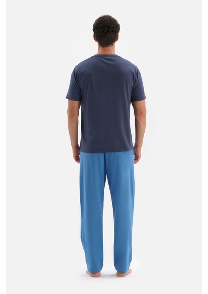 Lacivert Yarım Patlı Kısa Kollu Pamuk Modal Pijama Takımı