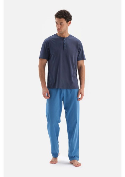 Lacivert Yarım Patlı Kısa Kollu Pamuk Modal Pijama Takımı