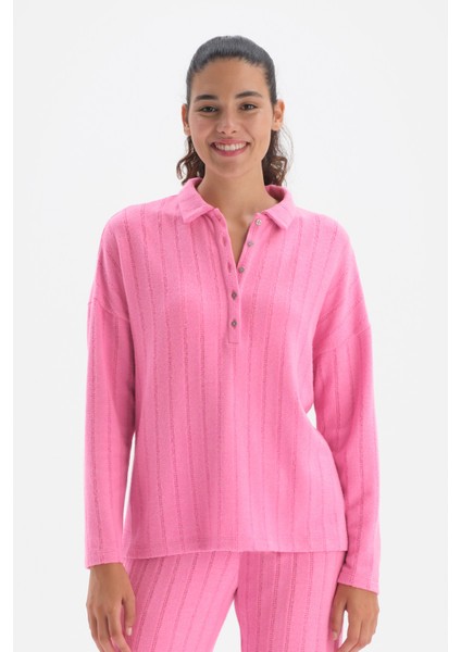 Pembe Yarım Pat Polo Yaka Örme Sweatshirt