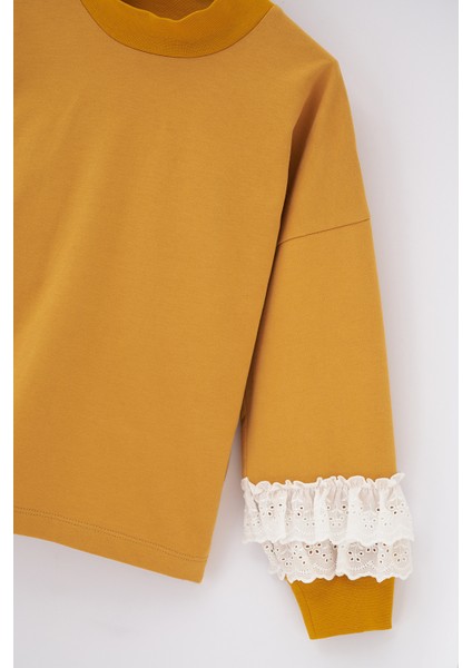 Hardal Uzun Kol Brode Detayli Dik Yaka Sweatshirt