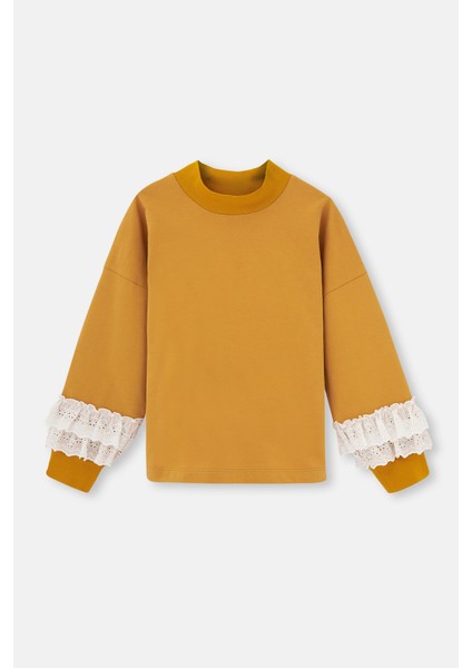 Hardal Uzun Kol Brode Detayli Dik Yaka Sweatshirt
