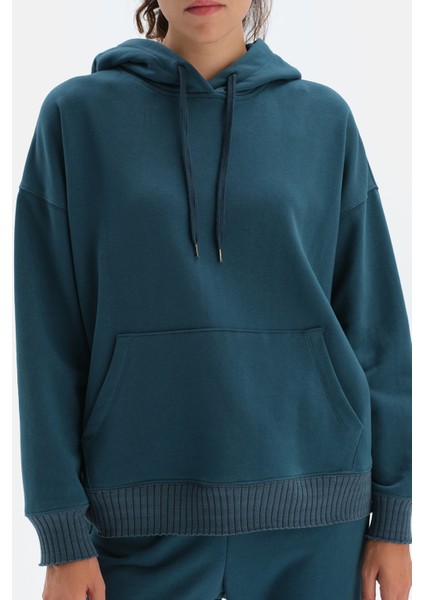 Petrol Kapüşonlu Önde Cep Dewtayli Sweatshirt