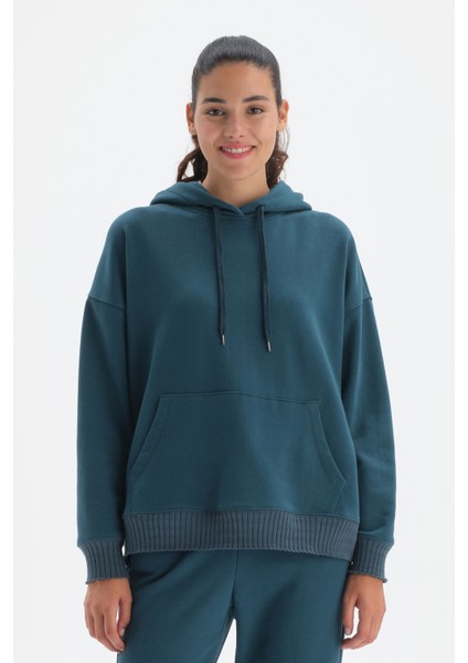 Petrol Kapüşonlu Önde Cep Dewtayli Sweatshirt