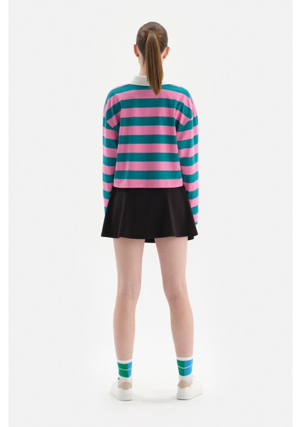 Pembe Kadin Sweatshirt Yakali Çizgili fiyatları