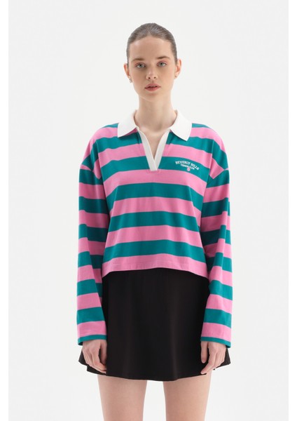 Pembe Kadin Sweatshirt Yakali Çizgili