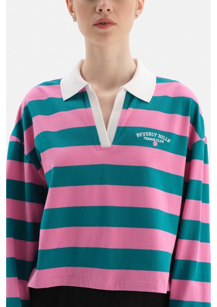 Pembe Kadin Sweatshirt Yakali Çizgili fırsatları