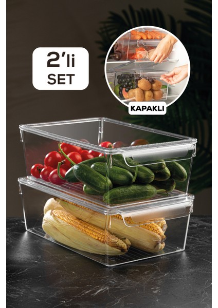 2'Li Kapaklı Buzdolabı Düzenleyici Buzdolabı Içi Düzenleyici Organizer 10 X 32,5 X 20 Cm