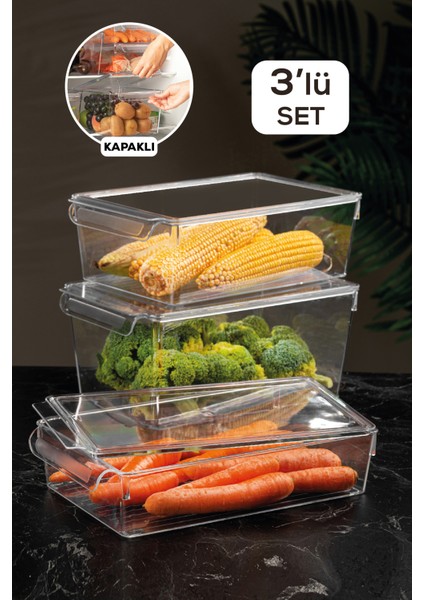 3'Lü Kapaklı Buzdolabı Düzenleyici Buzdolabı Içi Düzenleyici Organizer Slim Maxi Mega