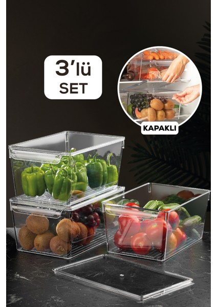 3'Lü Kapaklı Buzdolabı Düzenleyici Buzdolabı Içi Düzenleyici Organizer 14 X 32,5 X 20 Cm